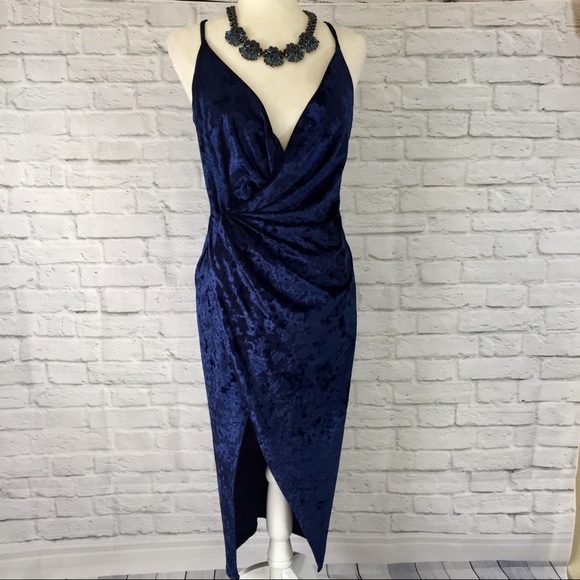 Luxxel Dresses & Skirts - Luxxel crushed blue velvet v-neck wrap front dress